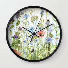 Floral Watercolor Botanical Cottage Garden Flowers Bees Nature Art Wall Clock