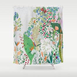 Painterly Floral Jungle on Pink and White Shower Curtain