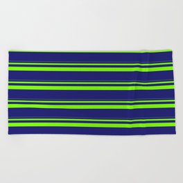 [ Thumbnail: Green & Midnight Blue Colored Stripes Pattern Beach Towel ]
