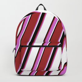 [ Thumbnail: Brown, Orchid, White & Black Colored Pattern of Stripes Backpack ]