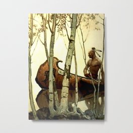 N C Wyeth Vintage Western Painting “Mohican” Metal Print | Western, Indian, Brave, Tree Lined, Feather, Canoe, Cowboys, Last, Paddle, Wyeth 