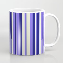 [ Thumbnail: Beige, Medium Slate Blue & Midnight Blue Colored Lined Pattern Coffee Mug ]