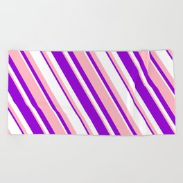 [ Thumbnail: Light Pink, Dark Violet, and White Colored Lined/Striped Pattern Beach Towel ]