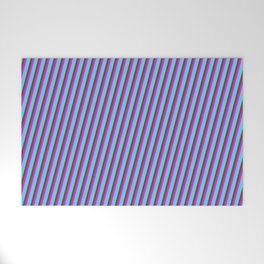 [ Thumbnail: Slate Blue, Violet, Cyan, and Red Colored Lines Pattern Welcome Mat ]