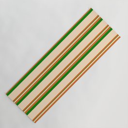 [ Thumbnail: Bisque, Chocolate, and Green Colored Striped Pattern Yoga Mat ]