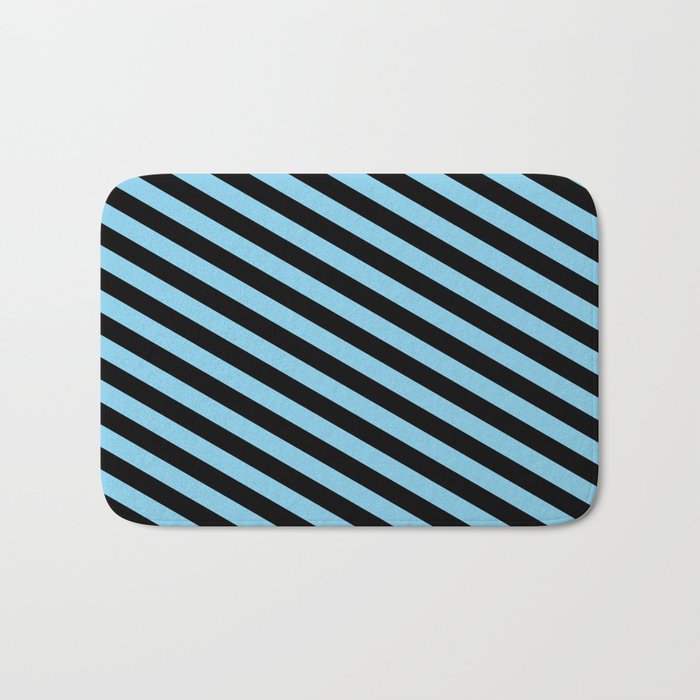 Black and Sky Blue Colored Lined Pattern Bath Mat