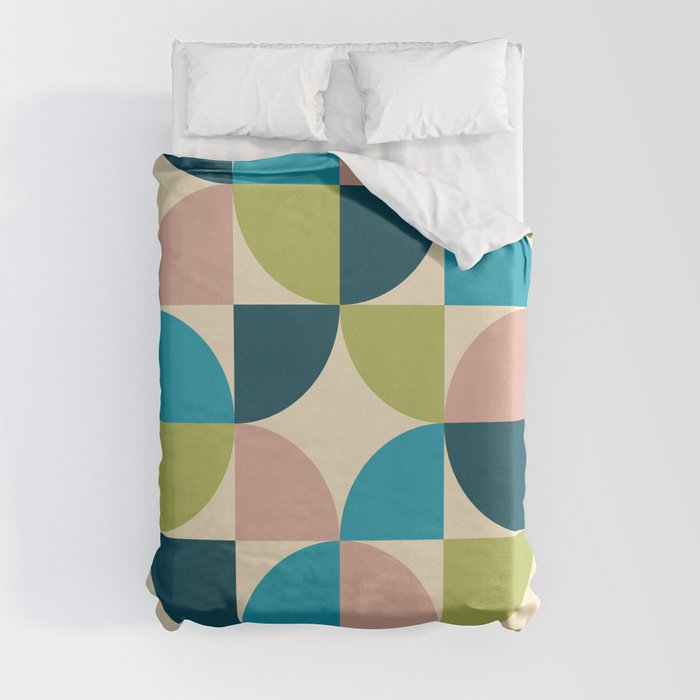 Mid Century Modern Geometric Pattern 437 Turquoise Olive Teal Dusty Rose and Beige Duvet Cover