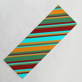 [ Thumbnail: Dark Orange, Sea Green, Dark Red, and Aqua Colored Stripes/Lines Pattern Yoga Mat ]