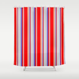 [ Thumbnail: Dark Salmon, Red, Slate Blue & Light Gray Colored Lines Pattern Shower Curtain ]