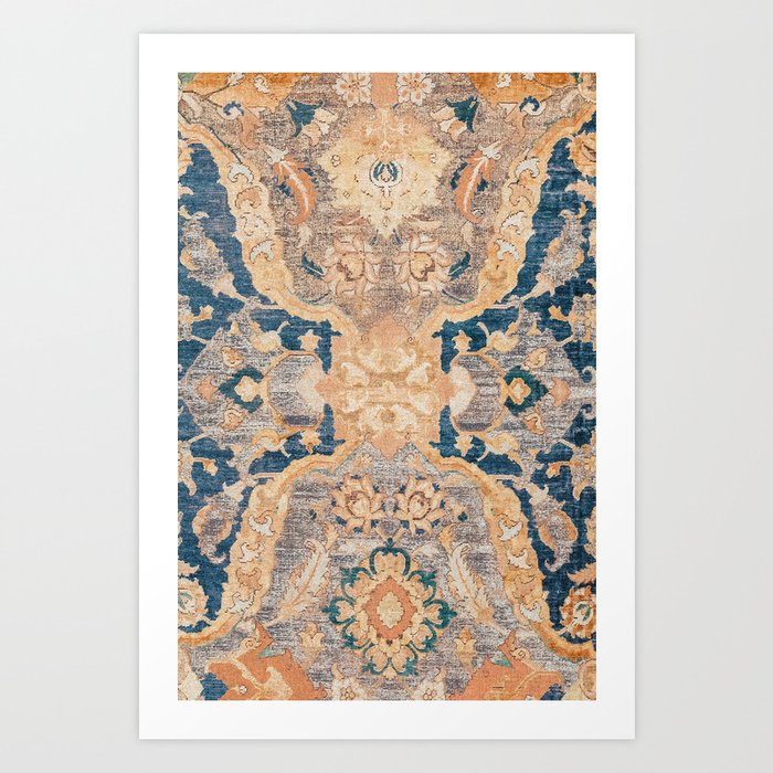 Persian Motif II // 17th Century Ornate Rose Gold Silver Royal Blue Yellow Flowery Accent Rug Patter Art Print