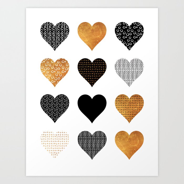 Gold, black, white hearts Art Print