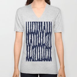 Vertical Dash White on Navy Blue Paint Stripes V Neck T Shirt