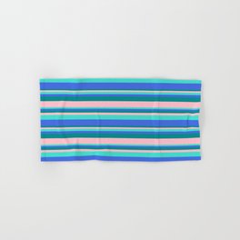 [ Thumbnail: Turquoise, Royal Blue, Dark Cyan, and Pink Colored Stripes Pattern Hand & Bath Towel ]