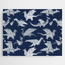 Origami metallic dragon friends // oxford navy blue background metal silver fantasy animals Jigsaw Puzzle