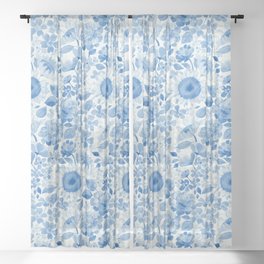 Denim Blue Monochrome Retro Floral Sheer Curtain