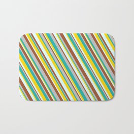 [ Thumbnail: Colorful Grey, Light Sea Green, Yellow, Light Cyan & Sienna Colored Pattern of Stripes Bath Mat ]
