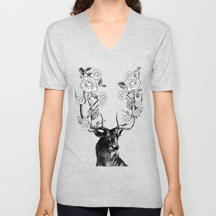 The Stag and Roses | Deer and Flowers | Vintage Stag | Vintage Deer | Antlers | Black and White | V Neck T Shirt