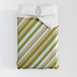 [ Thumbnail: Green, Light Cyan & Tan Colored Pattern of Stripes Duvet Cover ]