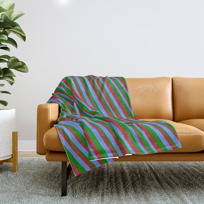 Cornflower Blue, Green & Red Colored Stripes Pattern Throw Blanket