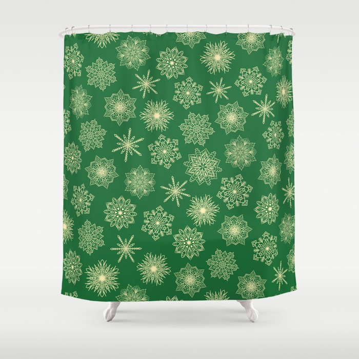 Festive Green Christmas Snowflakes Print Shower Curtain