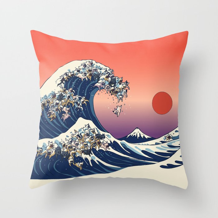 The Great Wave Of  French Bulldog Throw Pillow