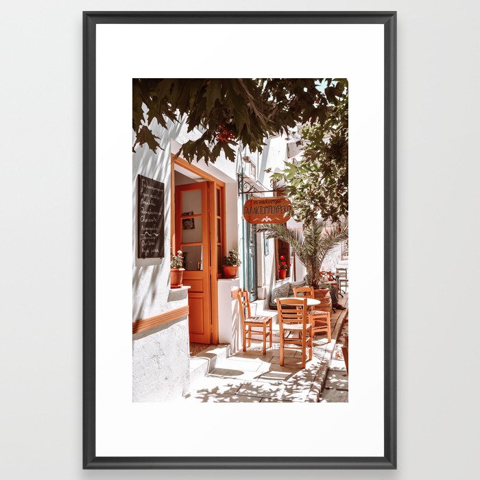 Traditional Coffee Shop in Greece, Greek Summer in Cyclades islands, Orange and Green Travel Photography  Framed Art Print