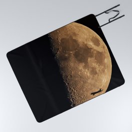 Fly Me To The Moon; airliner flying towards the moon black and white photograph - photography by H. Fischer Picnic Blanket