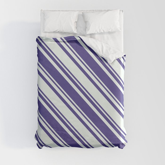Dark Slate Blue & Mint Cream Colored Stripes/Lines Pattern Duvet Cover