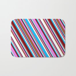 [ Thumbnail: Colorful Deep Sky Blue, Maroon, Violet, Sienna & White Colored Striped/Lined Pattern Bath Mat ]