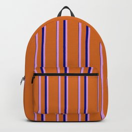 [ Thumbnail: Chocolate, Plum, and Blue Colored Lined/Striped Pattern Backpack ]