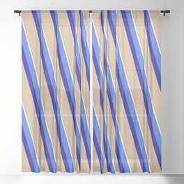 [ Thumbnail: Royal Blue, Dark Blue, Tan & Light Cyan Colored Stripes/Lines Pattern Sheer Curtain ]