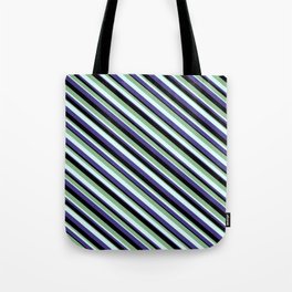 [ Thumbnail: Dark Sea Green, Light Cyan, Dark Slate Blue, and Black Colored Pattern of Stripes Tote Bag ]