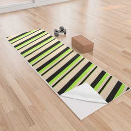 [ Thumbnail: Light Green, Black & Bisque Colored Lined Pattern Yoga Towel ]