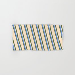 [ Thumbnail: Dark Olive Green, Bisque, and Cornflower Blue Colored Stripes Pattern Hand & Bath Towel ]