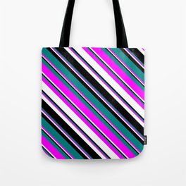 [ Thumbnail: Teal, Fuchsia, White, and Black Colored Lined/Striped Pattern Tote Bag ]