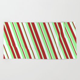 [ Thumbnail: Mint Cream, Red & Green Colored Lined Pattern Beach Towel ]