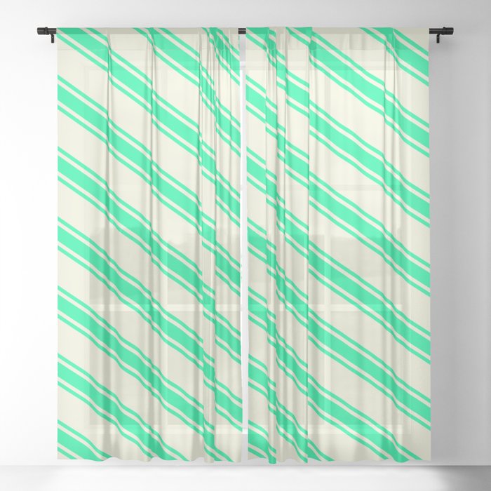 Beige and Green Colored Stripes/Lines Pattern Sheer Curtain