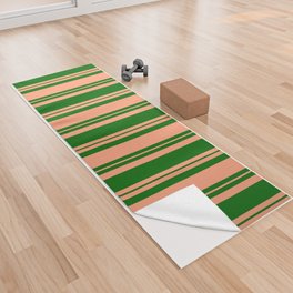 [ Thumbnail: Dark Green and Light Salmon Colored Lines Pattern Yoga Towel ]