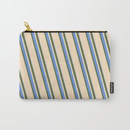 [ Thumbnail: Dark Olive Green, Bisque, and Cornflower Blue Colored Stripes Pattern Carry-All Pouch ]
