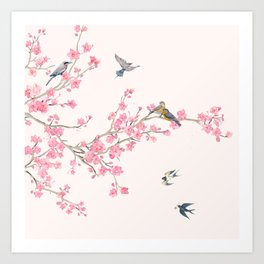 Birds and cherry blossoms Art Print