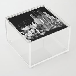 Black and White Graphic Art Composition Of Grapes, Wine Glasses, and Bottles Acrylic Box
