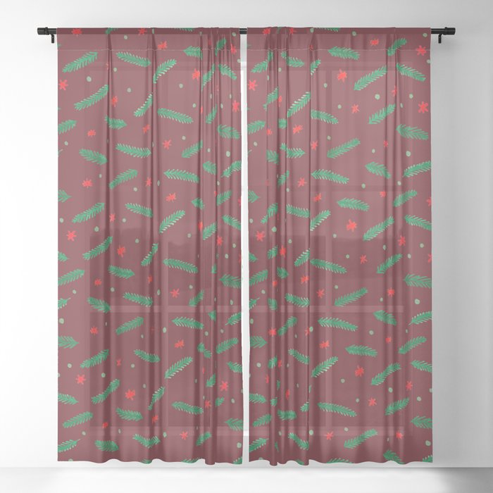 Christmas branches and stars - red Sheer Curtain
