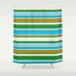[ Thumbnail: Forest Green, Deep Sky Blue, Beige, Sky Blue, and Dark Goldenrod Colored Striped/Lined Pattern Shower Curtain ]