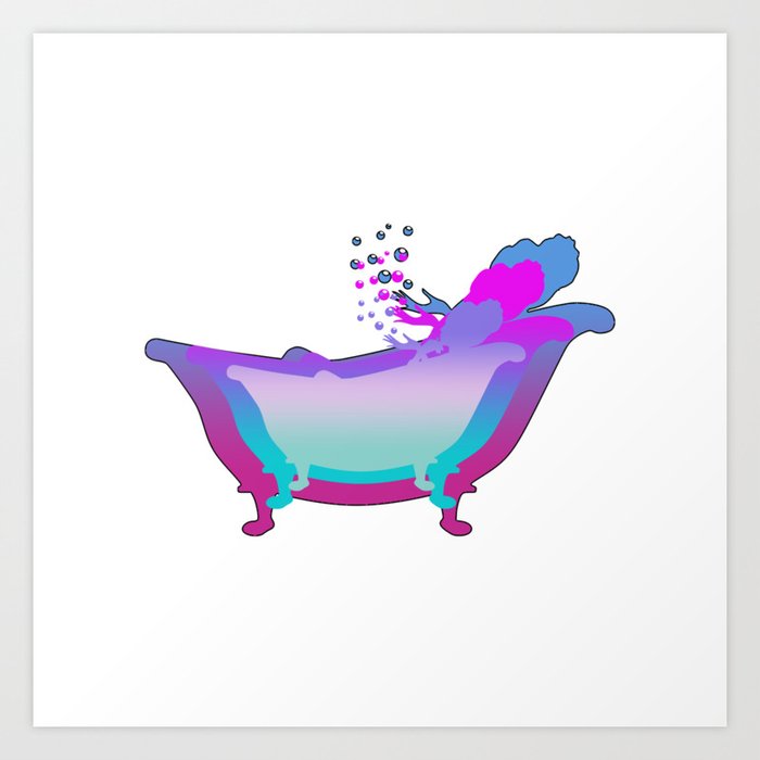 Tiled Images of a Lady Blowing Bubbles in a Bathtub in Blues Purples and Greens Art Print