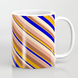 [ Thumbnail: Eyecatching Beige, Dark Salmon, Sienna, Orange, and Blue Colored Striped/Lined Pattern Coffee Mug ]