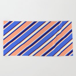 [ Thumbnail: Light Salmon, Beige, Royal Blue & Midnight Blue Colored Stripes/Lines Pattern Beach Towel ]