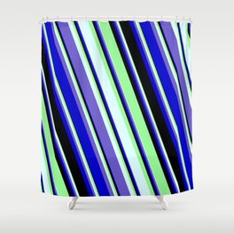 [ Thumbnail: Green, Light Cyan, Slate Blue, Blue, and Black Colored Stripes Pattern Shower Curtain ]