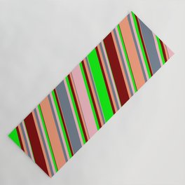 [ Thumbnail: Eye-catching Slate Gray, Pink, Lime, Maroon & Light Salmon Colored Striped Pattern Yoga Mat ]