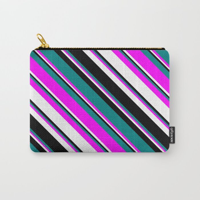 Teal, Fuchsia, White, and Black Colored Lined/Striped Pattern Carry-All Pouch