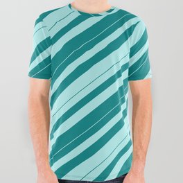 [ Thumbnail: Teal & Turquoise Colored Lines/Stripes Pattern All Over Graphic Tee ]